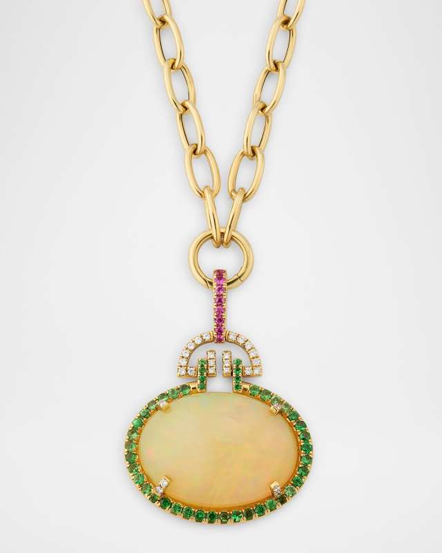 G-One 18K Yellow Gold Opal Oval Pendant Necklace with Tsavorite, Pink Sapphires and Diamonds